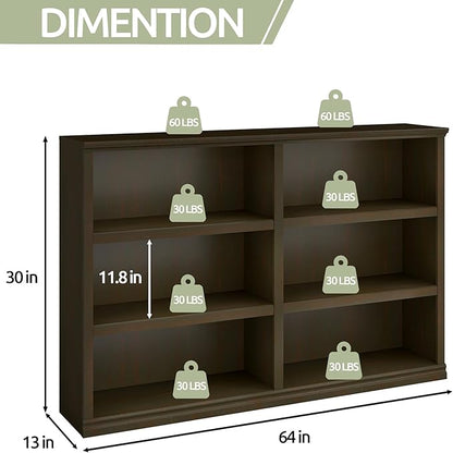 blini Bookshelf Double Wide 64 in 3-Tier 6 Cube Storage Organizer Wooden Bookcase for Bedroom and Home Office Decor Display