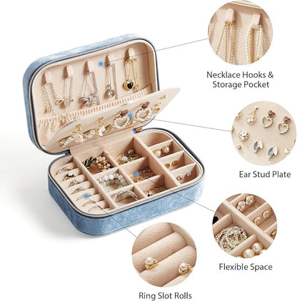 CASEGRACE Plush Velvet Travel Jewelry Box, Portable Jewelry Case for Women Girls, Double Layer Jewelry Organizer Display Box for Necklace Earring Rings Bracelet, Travel Accessory Gifts, blue