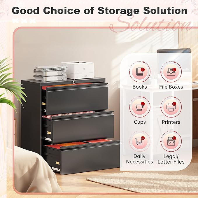 Superday Lateral File Cabinet 3 Drawer Metal File Cabinet with Lock, Black Filing Cabinets for Home Office, Locking Filing Cabinets Hanging Files Letter/Legal/F4/A4