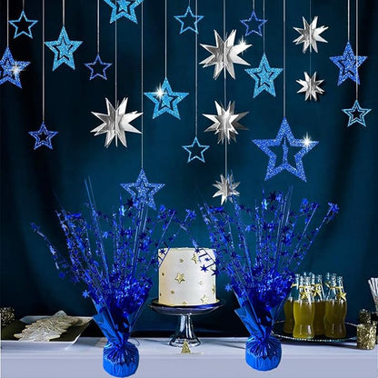 6 Pack Metallic Foil Spray Centerpiece Star Table Decoration Burst Glitter Tabletop Centerpieces for Birthday Christmas New Years Nye Wedding Graduation Holiday Party Supplies Decor, Blue