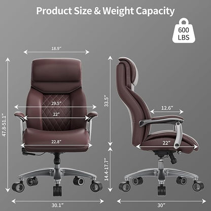 Big and Tall Office Chair with Wide Area Armrest, 600lbs Heavy Duty Desk Chair with Adjustable Lumbar Support, PU Leather High Back Ergonomic Executive Computer Chair with 3'' Silent Casters