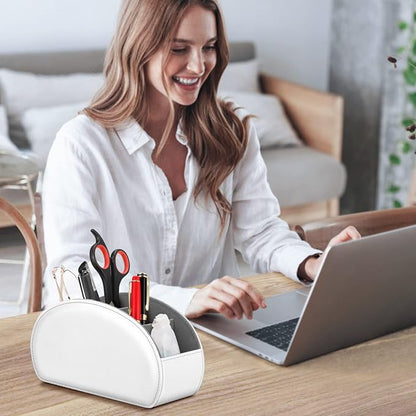 Fintie Remote Control Holder, 5 Compartments Vegan Leather TV Remoter Caddy Desktop Organizer Makeup Brush Holder Storage Fits TV Remotes, Media Controllers, Office Supplies(White)