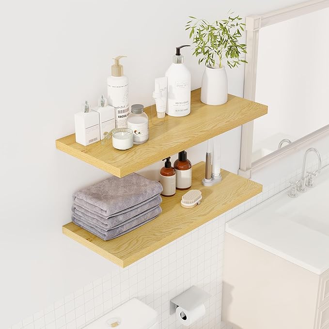 Dreamland 32" Floating Shelves for Wall, 12" Deep Slim Oak Floating Shelves, Wall-Mounted Shelves for Bedroom, Living Room, Kitchen, Bathroom - Set of 2