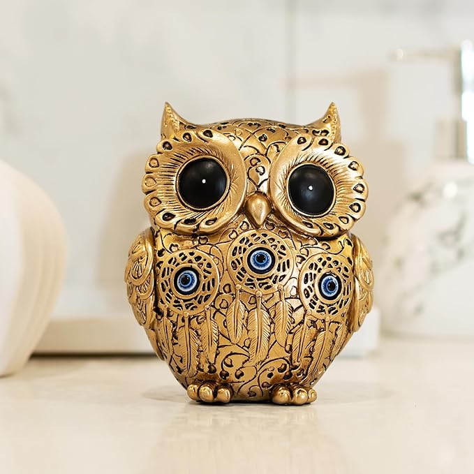 TOHLUCS Owl Statue Home Decor Accents with Evil Eye.Gold Decor for Bookshelf, Bedroom, Living Room, Office, Table and Shelf.Vintage Owl Figurines Gifts for Birds Lover.Cute Small Animal Sculptures.