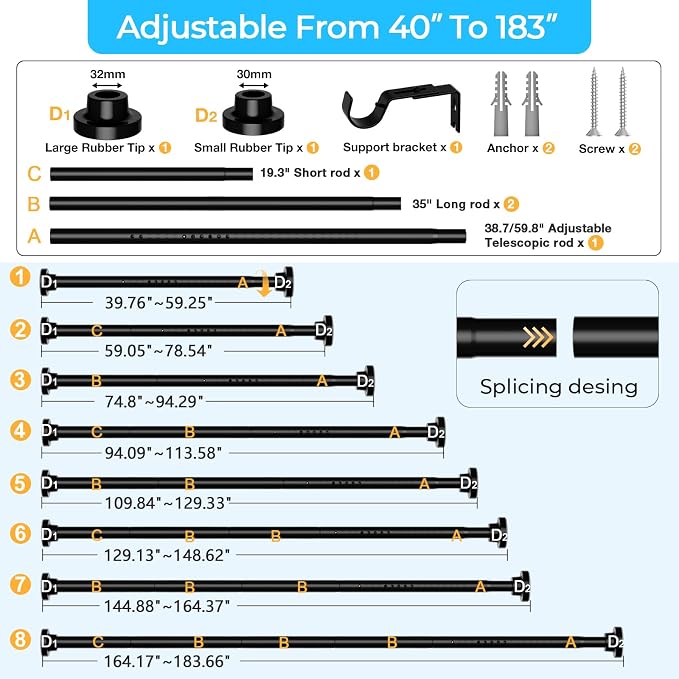 MEXAU Black Tension Curtain Rod 40-183 Inch Long Tension Rod 1.26" Spring Tension Curtain Rod Adjustable Curtain Rods No Drilling Tension Shower Rod Curtain Tension Rod for Bathroom Windows Doorways