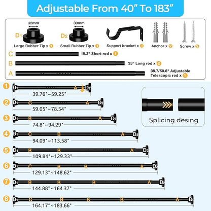 MEXAU Black Tension Curtain Rod 40-183 Inch Long Tension Rod 1.26" Spring Tension Curtain Rod Adjustable Curtain Rods No Drilling Tension Shower Rod Curtain Tension Rod for Bathroom Windows Doorways