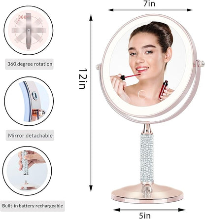 7" Rose Gold Glitter Diamond Rhinestone Makeup Mirror,360°Rotate Round Tabletop Vanity Mirror Double Sided 1X/10X HD Undistorted Magnifying Mirror,Portable Vanity Women Gift (Rose Gold)
