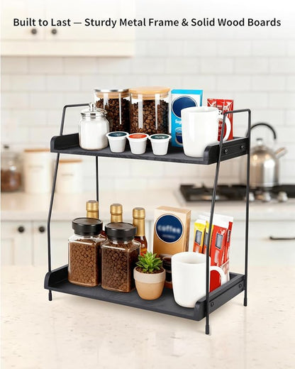 Coffee Bar Organizer for Countertop, 2-Tier Coffee Station Organizer with Metal Frame & Wooden Shelves, Coffee Accessories Organizer Rack for Pods, Syrups, Cups & Tea Bags (Black)