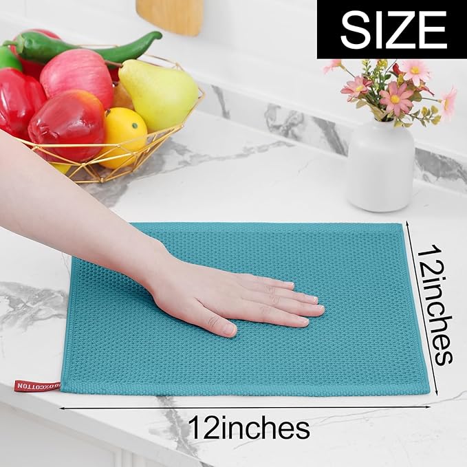 Homaxy 100% Cotton Waffle Weave Kitchen Dish Cloths, Ultra Soft Absorbent Quick Drying Dish Towels, 12 x 12 Inches, 24-Pack, Lake Blue