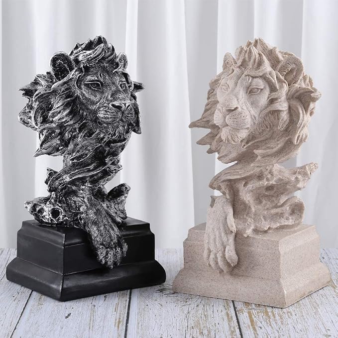 H&W Sandstone Lion Figurines - The King of Beasts - Statue Decoration for Home/Study/Living Room, Great Collectible Figurines, Best Gift for The Man, Silver Color (HH17-D3)