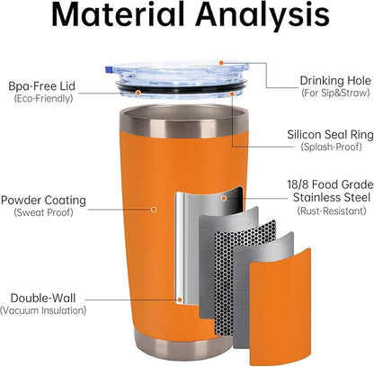 IEOVIEE 32 Pack, 20oz Stainless Steel Bulk Tumblers with Lids and Straws, Double Wall Insulated Travel Coffee Mug, Durable Powder Coated Tumbler Bulk Cup for Cold and Hot Drinks(Orange)