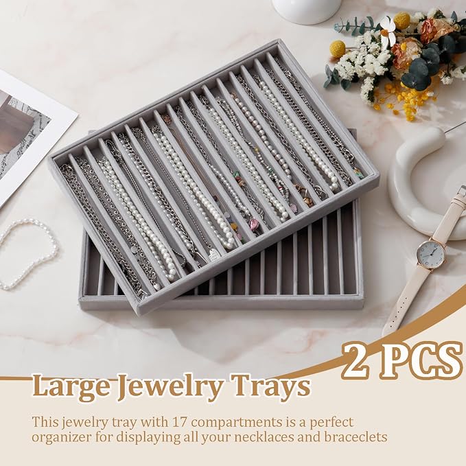 Large Velvet Jewelry Tray 2 Pack Stackable Jewelry Display Drawer Inserts Trays Organizer for Earring Bracelet Necklace Ring (Gray, 16 Grids)