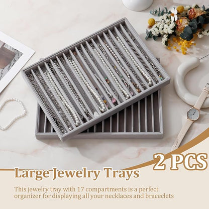 Large Velvet Jewelry Tray 2 Pack Stackable Jewelry Display Drawer Inserts Trays Organizer for Earring Bracelet Necklace Ring (Gray, 16 Grids)