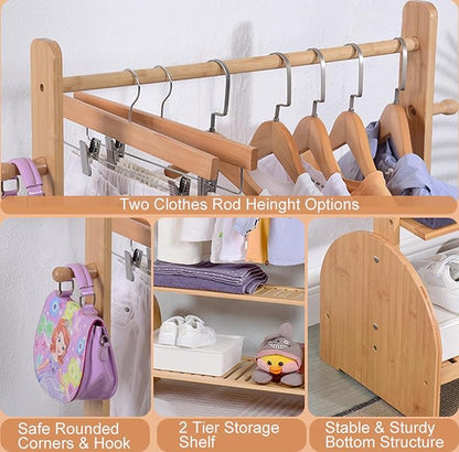 Kids Clothing Rack with Adjustable Rods, Children Clothes Garment Rack for Kids Baby Pet, Kids Dress Up Rack with 2 Bottom Shelves, Kids Wardrobe Closet for Toddlers Nursery (Natural)
