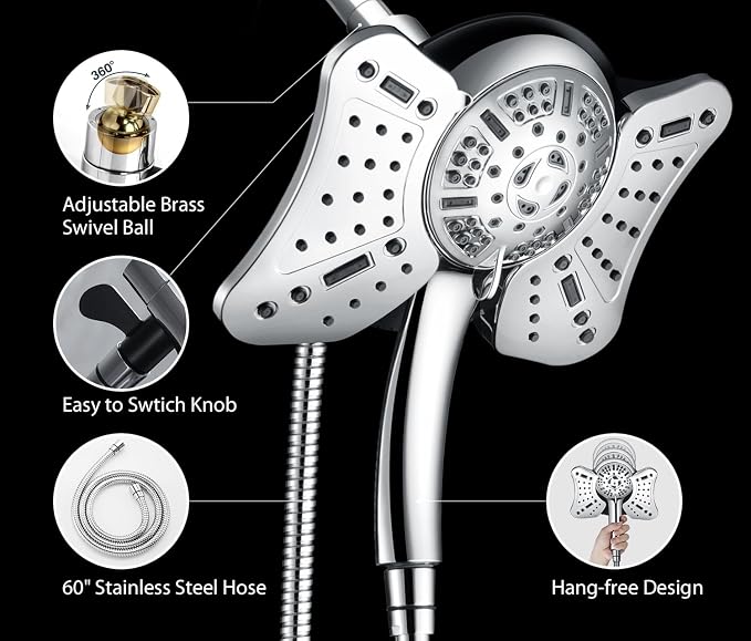 GRICH 1.8GPM Shower Head with Handheld Spray Combo: 2 in 1 Rainfall Shower Heads high pressure & Handheld Shower Head, 9 Spray Modes/Settings Detachable Shower Head with 60 Inch Hose, Chrome