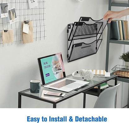 Wall File Organizer 3 Pockets, Mail Organizer, Hanging Folder Holder, Foldable | Hanging or Wall Mounted | Label Panel | 2 Hooks | Office Home School Organizer, Black