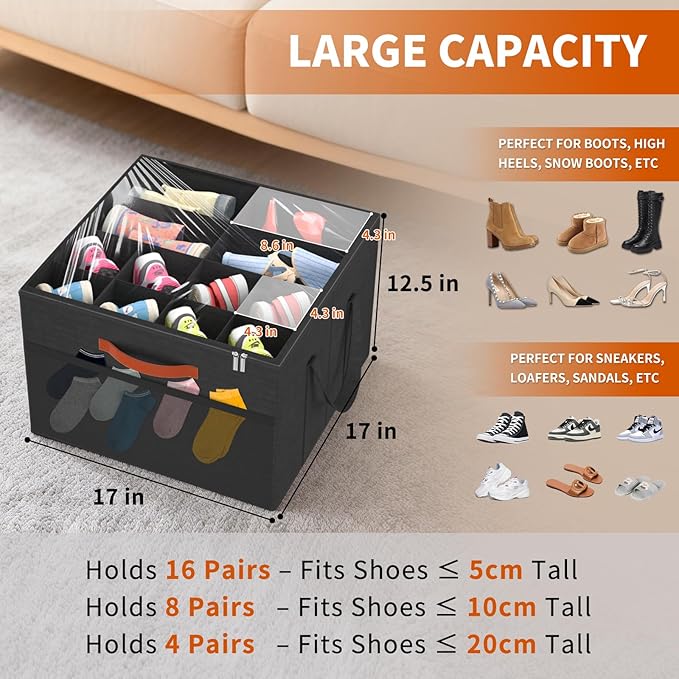 Aokeyee Shoe Organizer for Closet, 2 Pack Foldable Shoe Storage Organizer Box w/Clear Cover and 4 Reinforced Handles, Space Saving Shoes Bin Fits up to 16-32 Pairs, Black