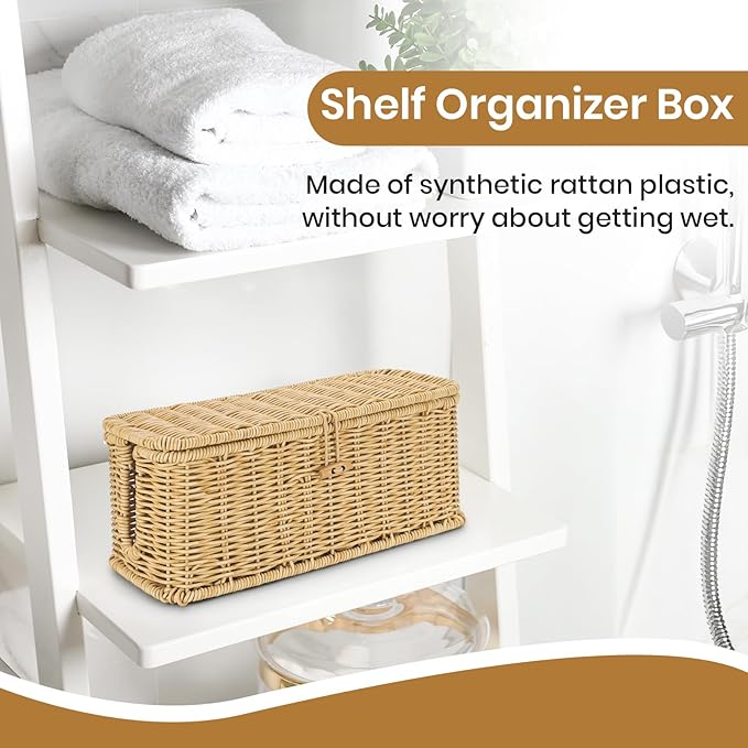 Wicker Storage Basket With Lid, Toilet Paper Basket For Toilet Tank, Pads And Tampon Holder For Bathroom, Rectangular Woven Kitchen Organizer, Home Decorative Storage Box