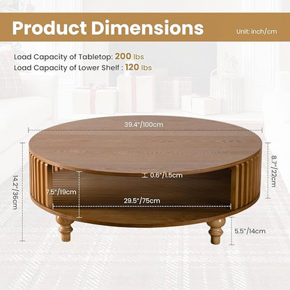 2-Tier Round Coffee Table 39.4" Round Coffee Table with Storage Mid-Century Modern Circle Accent Center Table Farmhouse Low Cocktail Tea Furniture for Living Room Small Spaces (39.4" Round)