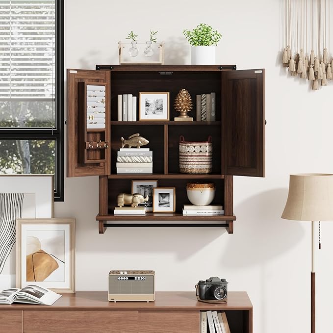 QUW Farmhouse Bathroom Wall Cabinet, Modern Medicine Cabinets with Towel Bar & Jewelry Holder, Over The Toilet Storage Cabinet with Barn Door for Laundry, Living Room, Hallway, Dark Walnut