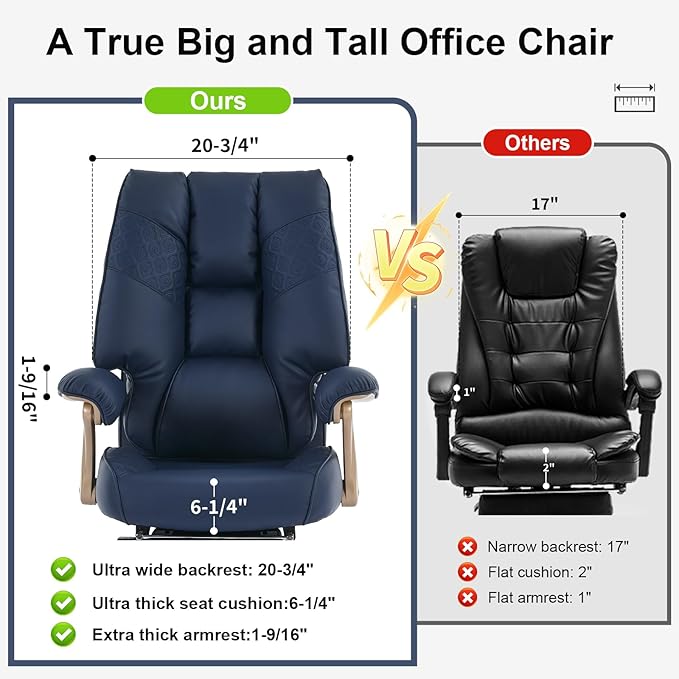 Big and Tall Executive Office Chair with Footrest, 400LBS Capacity Ergonomic High-Back Desk Office Chair with Lumbar Support, Padded Armrests & Thick Cushion, Blue PU Leather Chairs