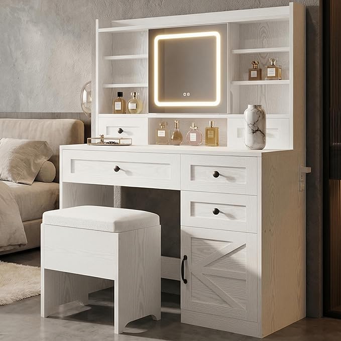 IRONCK Vanity Desk with LED Lighted Mirror, Large Storage Makeup Vanity Table with 5 Drawers, Cabinet, 7 Open Shelves, Power Outlet, Storage Stool, Bedroom, White