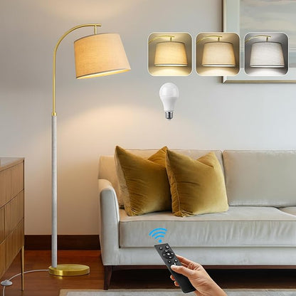 63" Wood Floor Lamp for Living Room Dimmable Standing Lamp with Remote & Foot Switch, 3 Color Temperatures Tall Lamp Mid Century Modern Floor Lamp for Bedroom Office, 9W Bulb Included, White