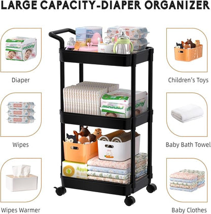 Volnamal Diaper Caddy - Plastic Diaper Organizer for Nursery Essentials, Baby Organizers and Storage, Movable Cart for Changing Table & Crib, Baby Registry Search, Black