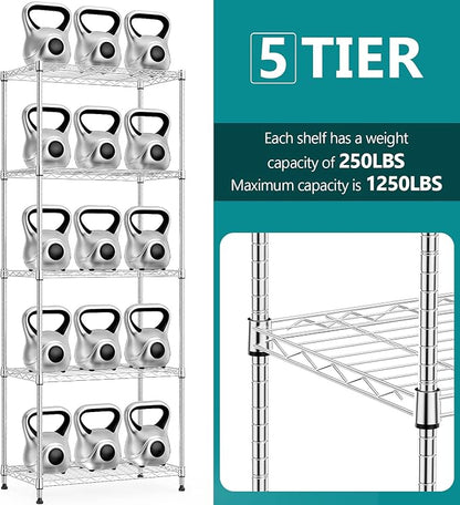IZEUK 5-Tier Chrome Metal Storage Shelves, Adjustable Wire Shelving Unit for Kitchen, Bathroom, Pantry, Office, Garage, Organizer Wire Rack, 1250 lbs, 13.7" D x 23.6" W x 63" H