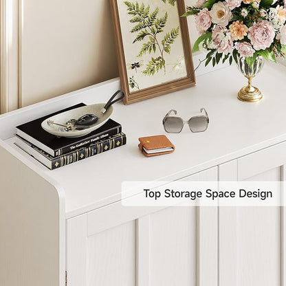 White 7+1 Tier Farmhouse Shoe Storage Cabinet - 45" Tall Entryway Organizer with Cross Molding Doors, 3 Adjustable Shelves & Metal Legs, Shoe Rack for Front Door Entrance