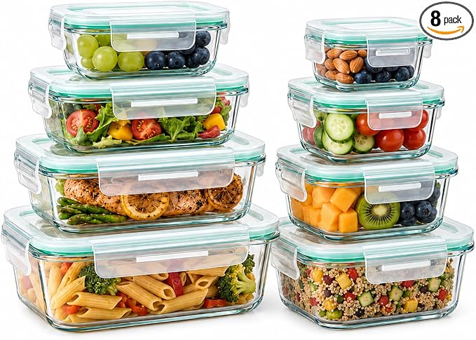 Melovom 8 Pack Glass Food Storage Containers with Lids, Airtight Glass Meal Prep Containers Set, Borosilicate Glass Food Storage Containers, BPA-Free Lids, Microwave, Oven, Freezer & Dishwasher Safe