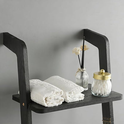 Taozun Black Blanket Ladder with Shelf for Living Room, 67-Inch Wooden 5-Tier Farmhouse Towels and Quilt Rack Decor - Wall Leaning Display Holder for Blankets and Throws