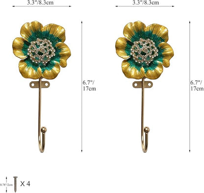Vintage Flower Shaped Decorative Wall Hooks Rack Hangers for Hanging Clothes Coats Towels Keys Hats, 2 Pack Antique Metal Mounted Wall Hook