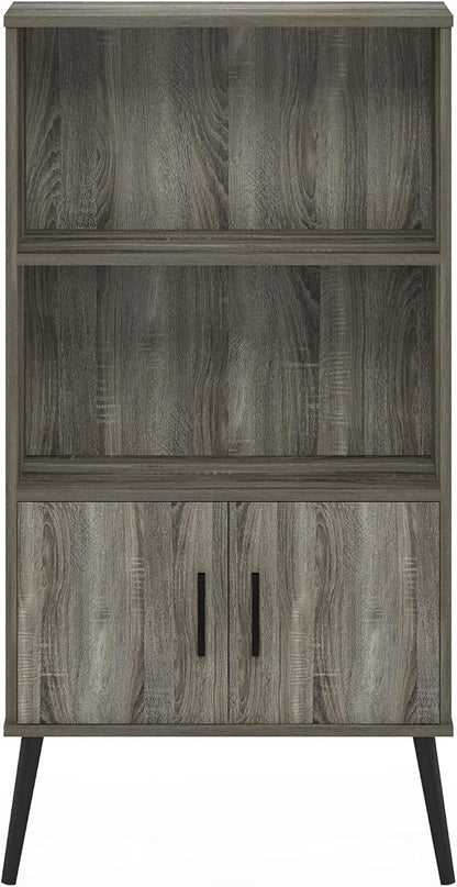 Furinno Claude Mid Century Style Accent Wooden Leg Bookcase Cabinet with Storage Organizer Shelves, French Oak Grey