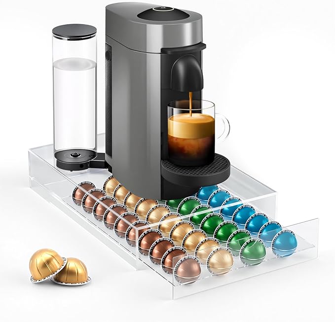 Jumyee Acrylic Coffee Pod Drawer for Nespresso Vertuo Pod Holder, Clear Coffee Capsule Organizer Storage Drawer for Counter 40 Pods