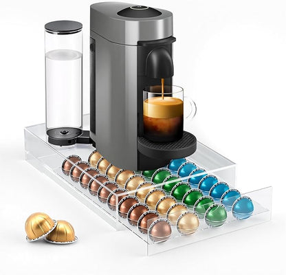 Jumyee Acrylic Coffee Pod Drawer for Nespresso Vertuo Pod Holder, Clear Coffee Capsule Organizer Storage Drawer for Counter 40 Pods