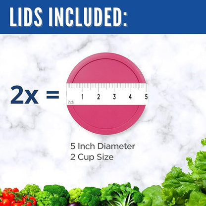 Replacement Lids fits Pyrex 2-Cup Glass Food Storage Container Bowls, 5-Inch Plastic Round Lids Covers for Pyrex 7200-PC, Airtight & Leakproof (2-Pack, Fuchsia)