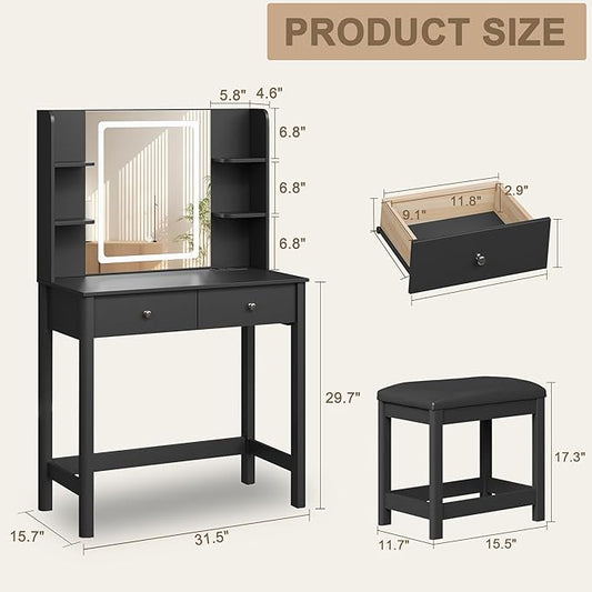 Vanity Desk with Mirror and LED Lights, Small Makeup Vanity Table Set with Drawers and Chair, Dressing Table with Power Outlet for Girls Bedroom, Black