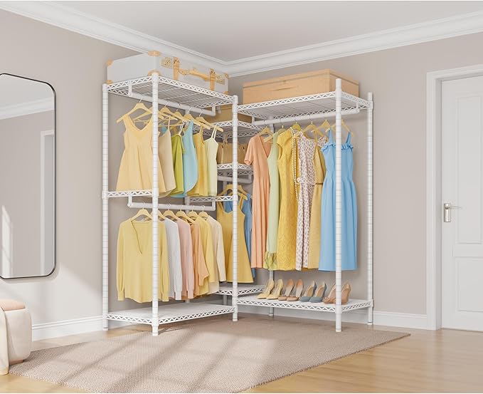 VIPEK L6 Heavy Duty Clothes Rack L Shape Clothing Rack 5-Tier Wire Garment Rack Freestanding Closet with 7 Adjustable Shelves & 4 Hanging Rods, 42.1" L x 42.1" W x 76.4" H, Max Load 850LBS, White