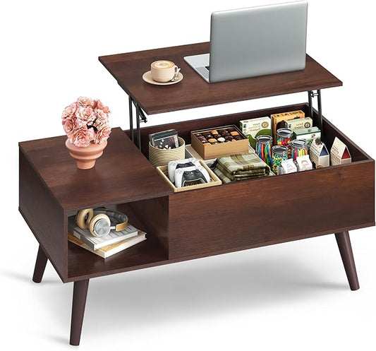 WLIVE Coffee Table for Living Room, Lift Top Coffee Table with Storage, Small Rising Wooden Dining Center Table with Storage Shelf & Hidden Compartment, 39" Espresso