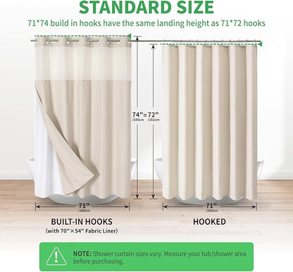 No Hooks Polyester Textured Shower Curtain with Snap-in Fabric Liner Set, Hotel Luxury Decor Shower Curtains for Bathroom with See Through Top Window, Waterproof & Washable, 71Wx74H, Cream