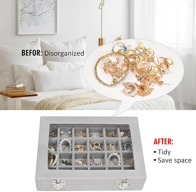 Vicoter Velvet Jewelry Box 24 Grid Jewelry Ring Display Organiser Box Tray Holder Earrings Storage Case for Girls Wife Mom Women (Gray)
