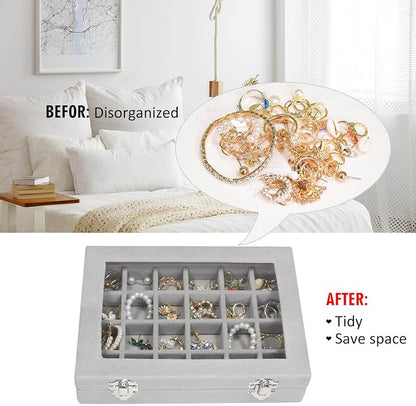 Vicoter Velvet Jewelry Box 24 Grid Jewelry Ring Display Organiser Box Tray Holder Earrings Storage Case for Girls Wife Mom Women (Gray)