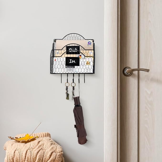 MyGift 2 Compartment Mail Inbox/Outbox Sorter, Wall Mounted Modern Black Metal Wire Entryway Organizer Basket for Mails, Bills and Office Supplies with Chalkboard Labels and 5 Hanging Key Hooks