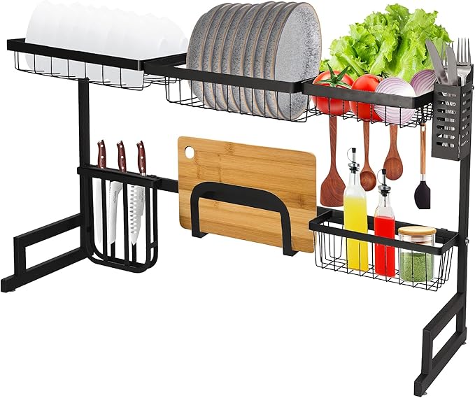 LUCKYERMORE Over The Sink Dish Drying Rack, 2 Tier Dish Drying Rack,Dish Drainer Rack for Kitchen Counter Organization and Storage,Space-Saving Dish Rack,33.4" x 12.5" x 20.4", Black