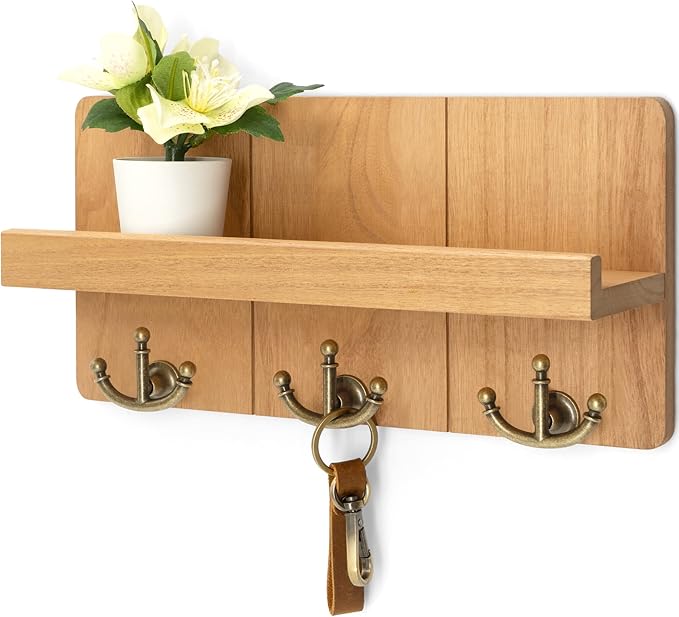 Rebee Vision Farmhouse Key Holder for Wall: Decorative Small Mail Organizer with Shelf and Rustic Mail Holder with 3 Anchor Key Hooks - Retro Home Decor Wall Mount for Entryway, Hallway (Light Brown)