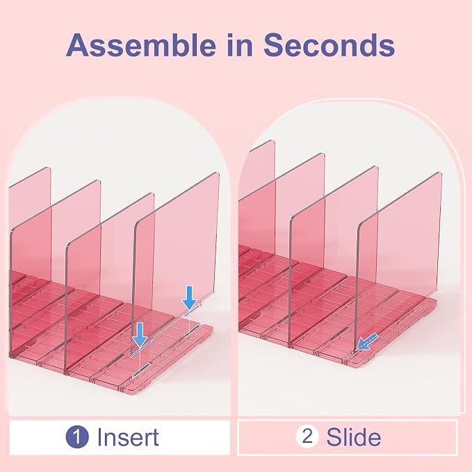 SortNStore Purse Organizer for Closet: Shelf Dividers Adjustable Acrylic Bag Closet Organizers and Storage Pink 4 Bases 14 Shelves