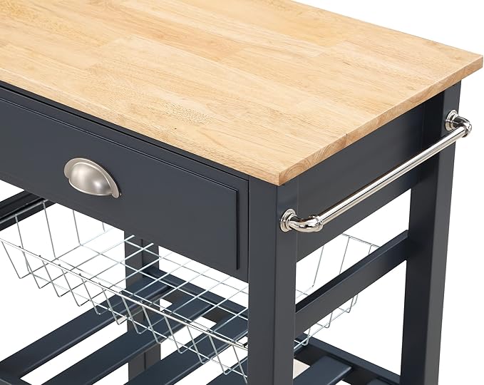 OSP Home Furnishings Hampton Kitchen Cart with Wood Top, Utensil Drawer, Under Cabinet Basket, and 2 Slatted Shelves, Blue Stone Base