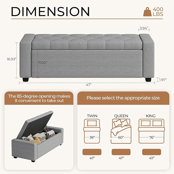 Storage Ottoman Bench,Large Entryway Ottoman with Storage, Rectangular Bench with Cushion and Safety Hinge