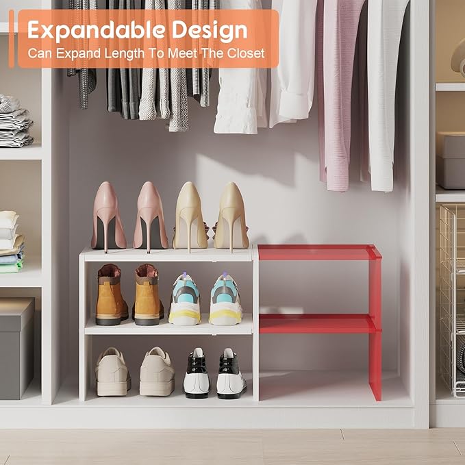 2-Tier Expandable White Shoe Rack Organizer for Closet, Stackable Shoe Rack Storage Shelf, Small Iron Wood Combination Shoe Shelves for Closets,Entryway,Front Door, Narrow Space,Hallway,6-12 Pairs